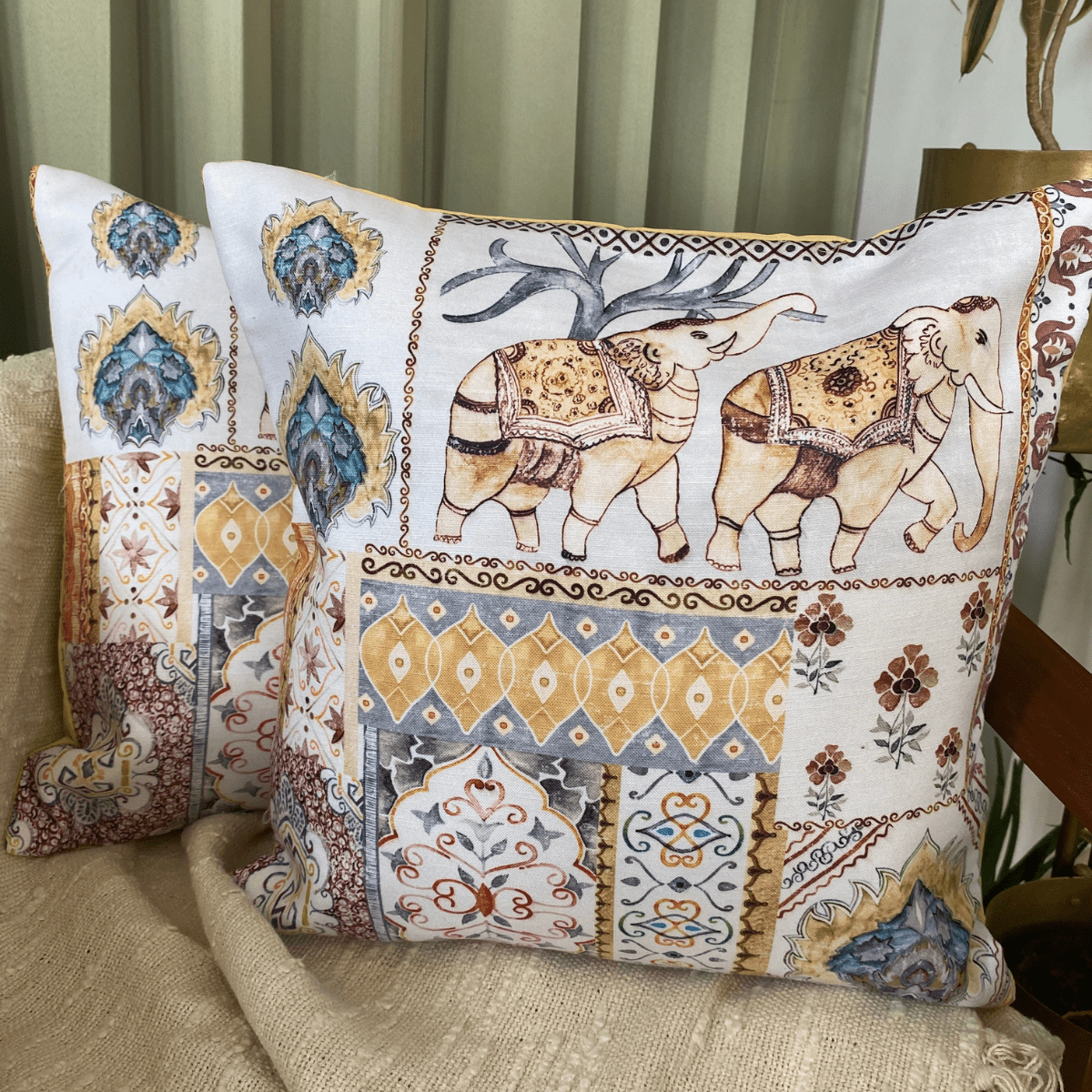 Golden Oasis Yellow Elephant Print Cushion Covers, 16" x 16", Pack of 2 - Coral Slub - 