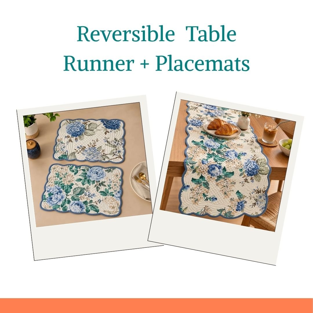 Grapevine Dining Combo – Reversible Table Runner & 6 Placemats - Coral Slub -
