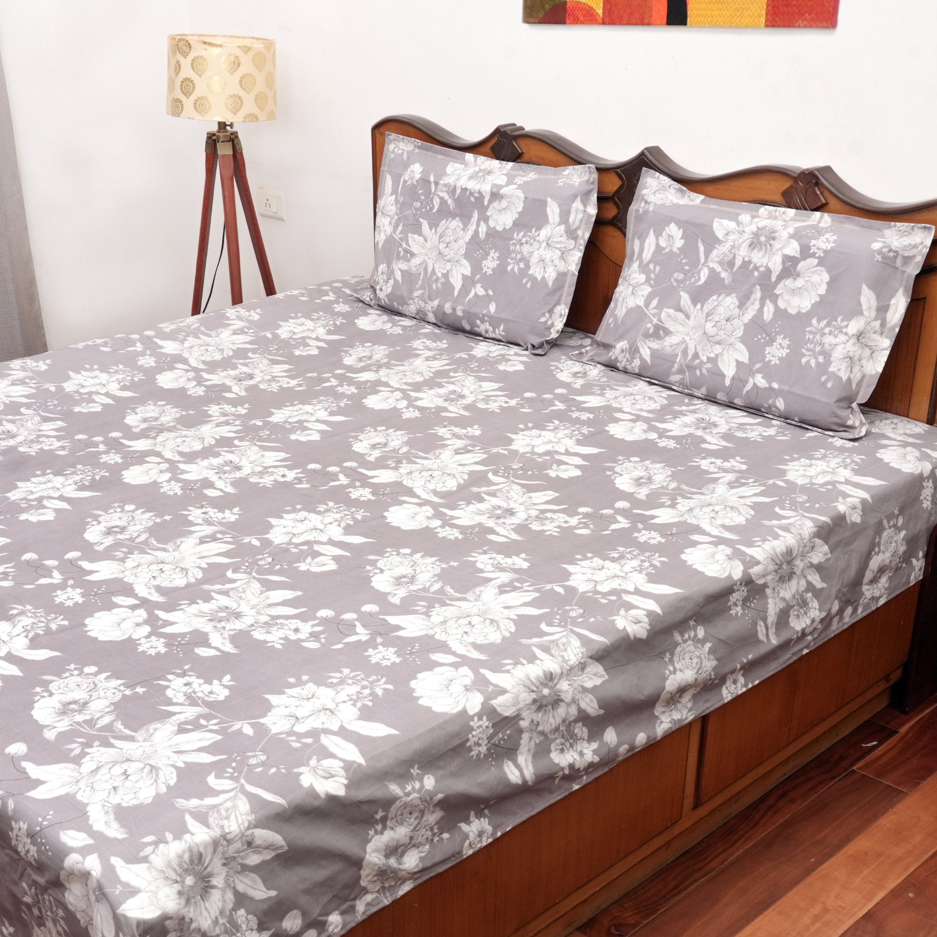 Gray Garden Double Bed Sheet Set, 90" x 100" - Coral Slub - 