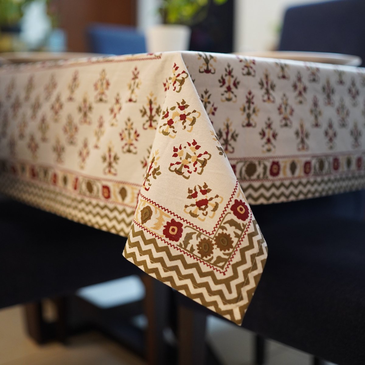 Green Garden 6 Seater Dining Table Cover, Block Print, 100% Cotton, 60" x 90" - Coral Slub - 