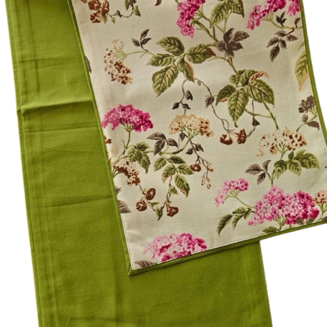 Green Valley Floral Print Table Runner - Coral Slub -