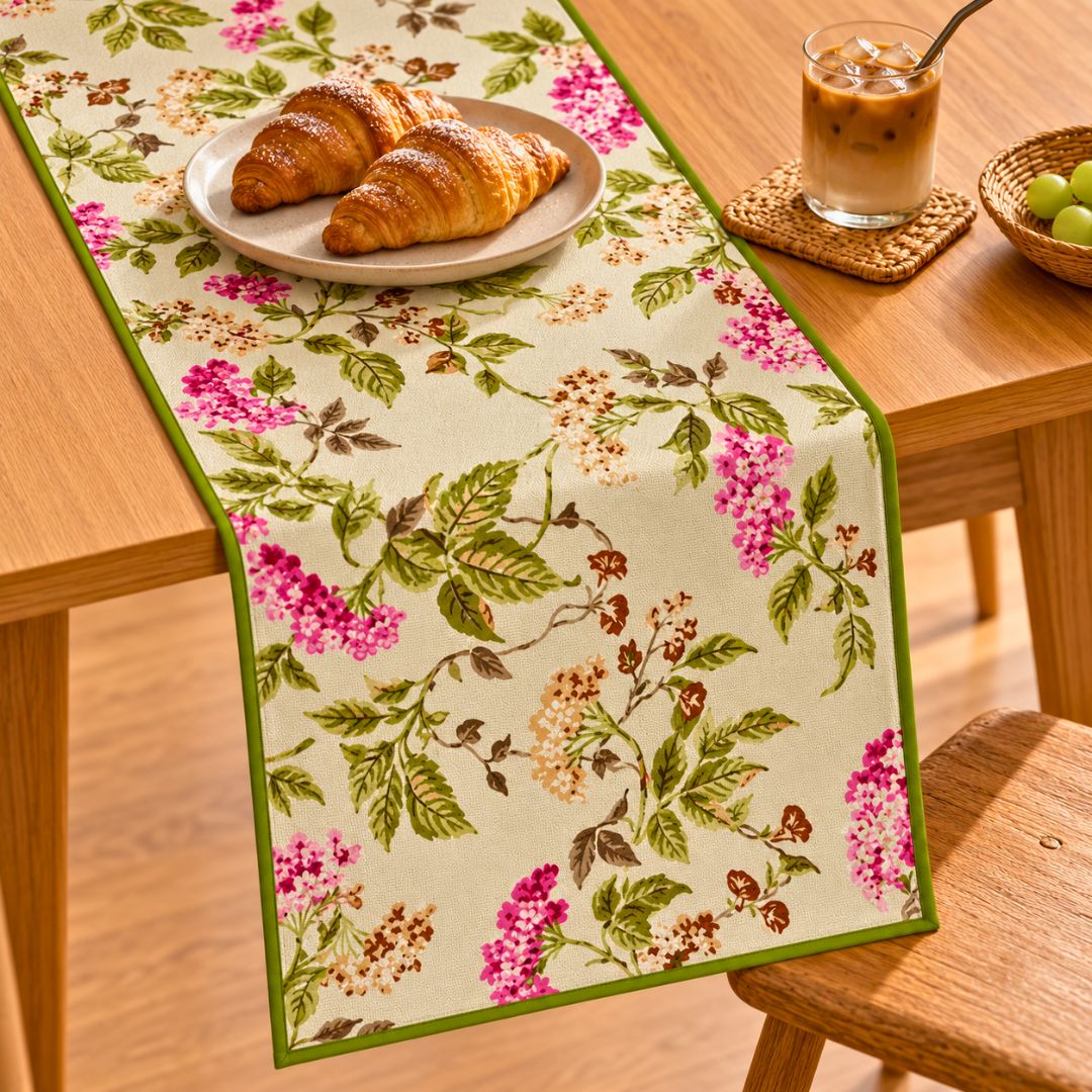 Green Valley Floral Print Table Runner - Coral Slub -