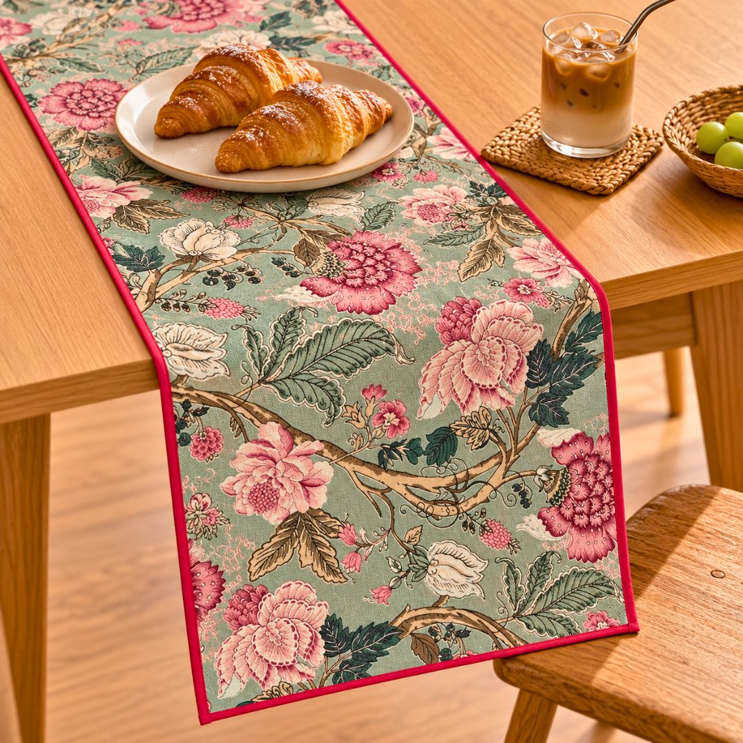 Grey Garden Floral Print Table Runner - Coral Slub -