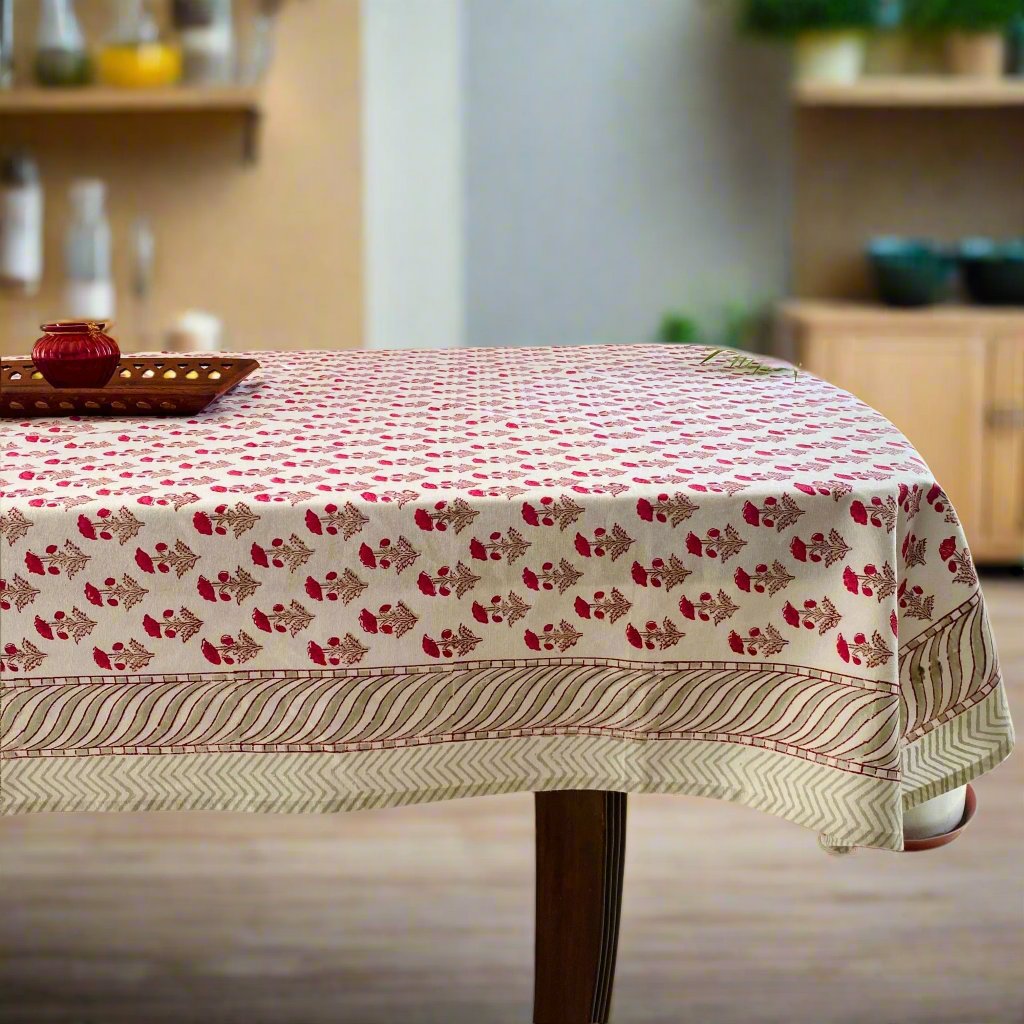Gudhal 6 Seater Dining Table Cover, 100% Cotton Canvas, 60" x 90" - Coral Slub - 