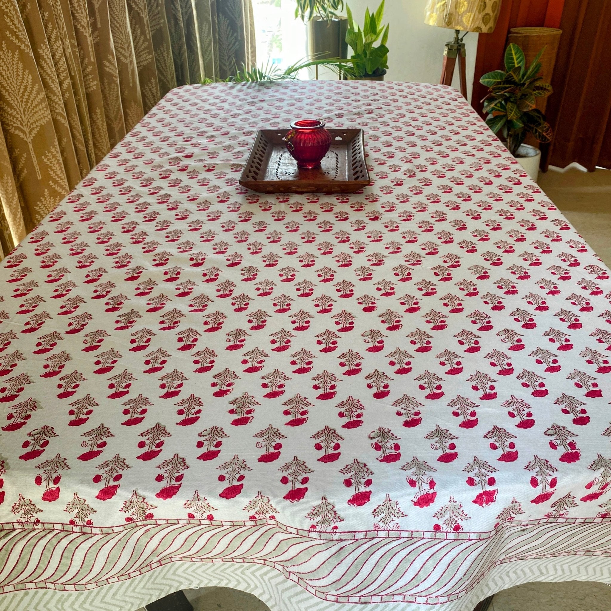 Gudhal 6 Seater Dining Table Cover, 100% Cotton Canvas, 60" x 90" - Coral Slub - 