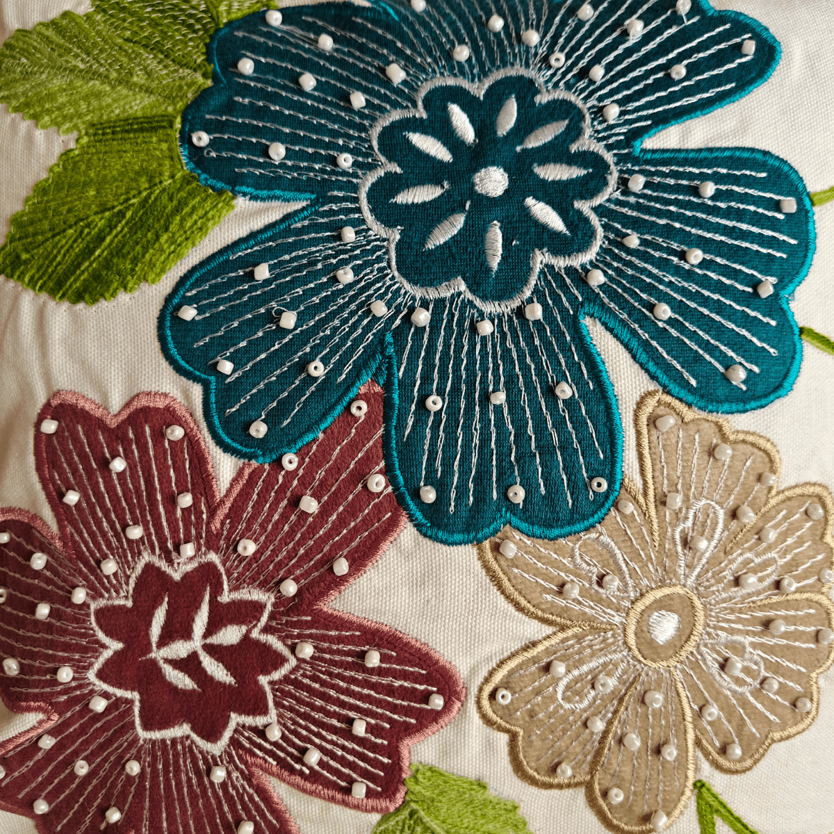 Gul Embroidered Cushion Cover, 16" x 16", Ecru, Pack of 1 - Coral Slub - 