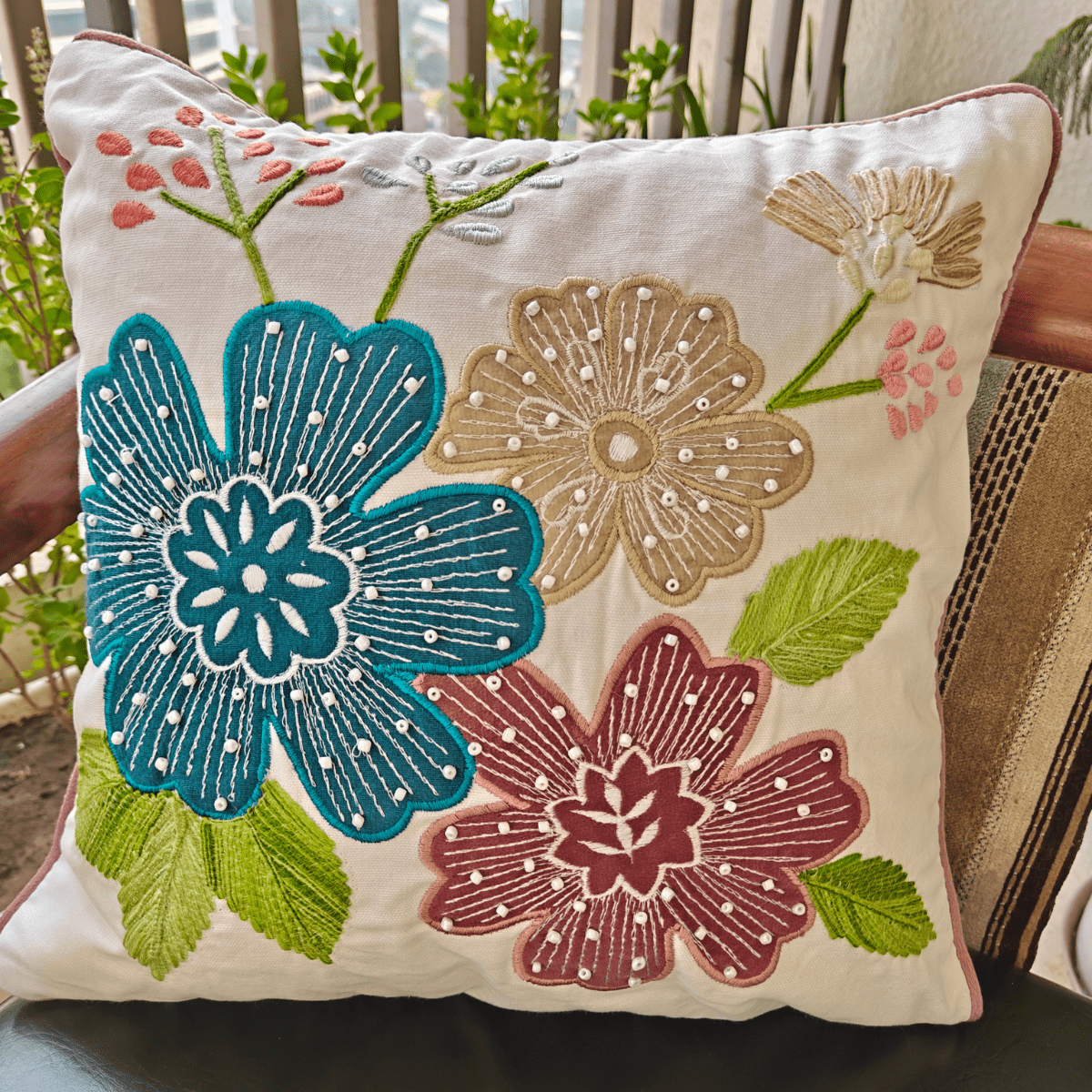 Gul Embroidered Cushion Cover, 16" x 16", Ecru, Pack of 1 - Coral Slub - 