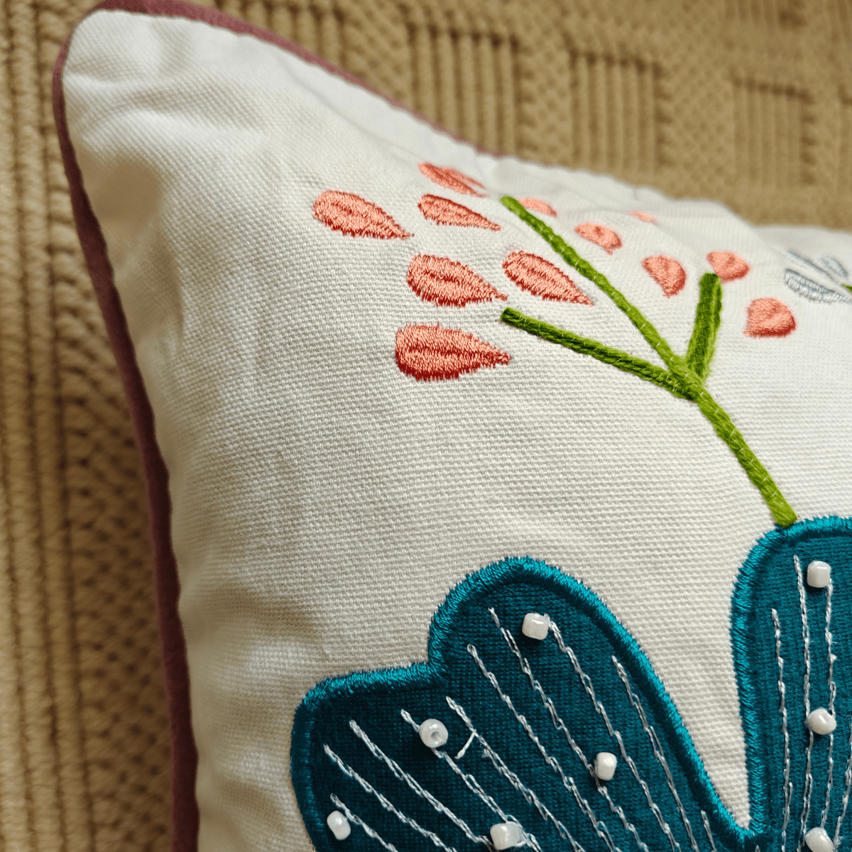 Gul Embroidered Cushion Cover, 16" x 16", Ecru, Pack of 1 - Coral Slub - 