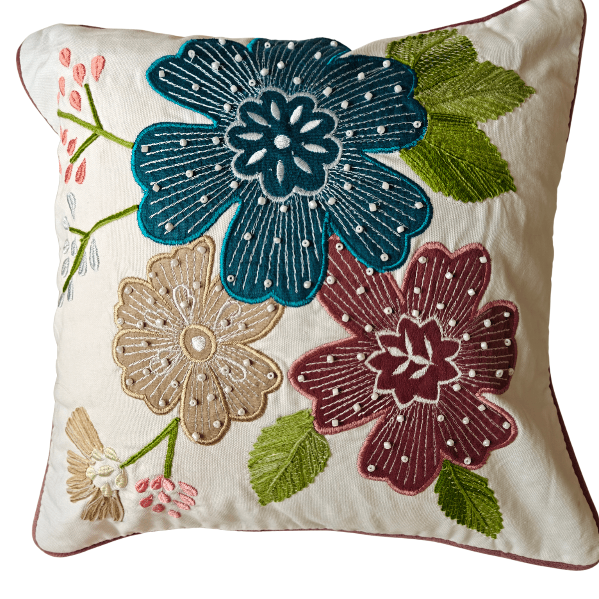 Gul Embroidered Cushion Cover, 16" x 16", Ecru, Pack of 1 - Coral Slub - 