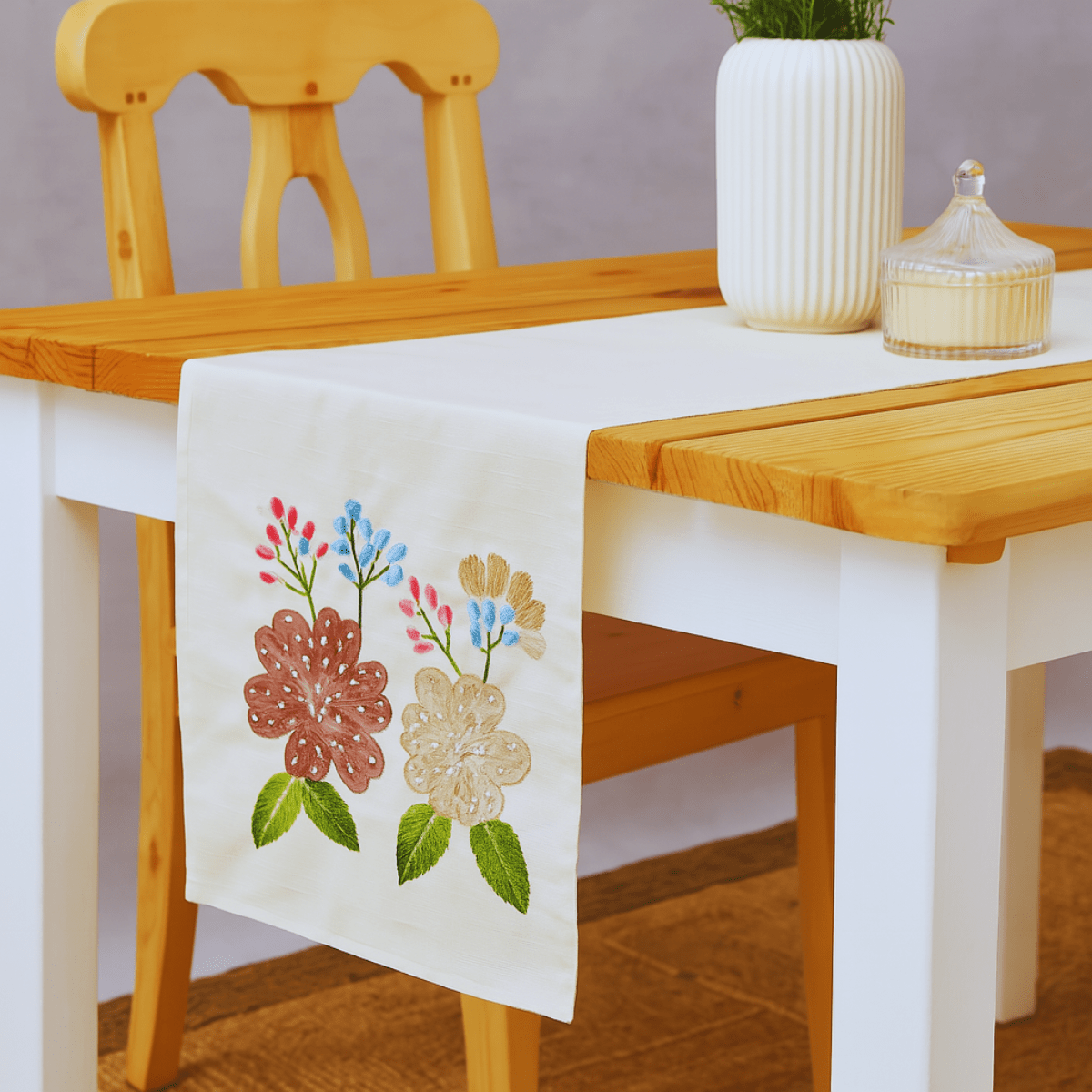 Gul Embroidered Table Runner – 72" x 12" - Coral Slub - 