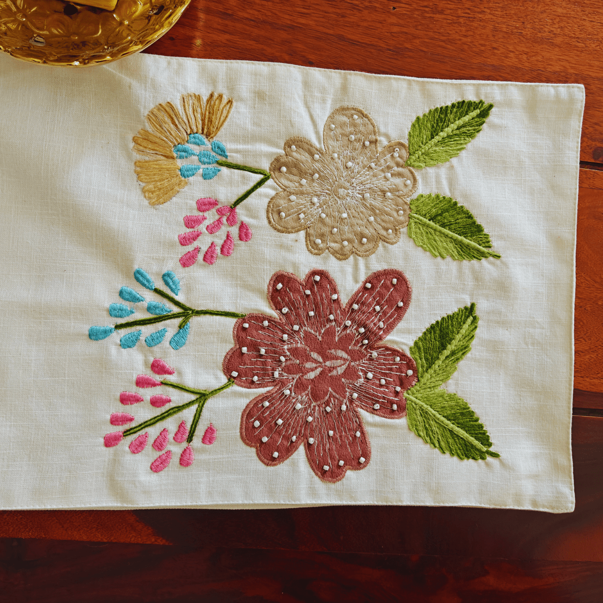 Gul Embroidered Table Runner – 72" x 12" - Coral Slub - 