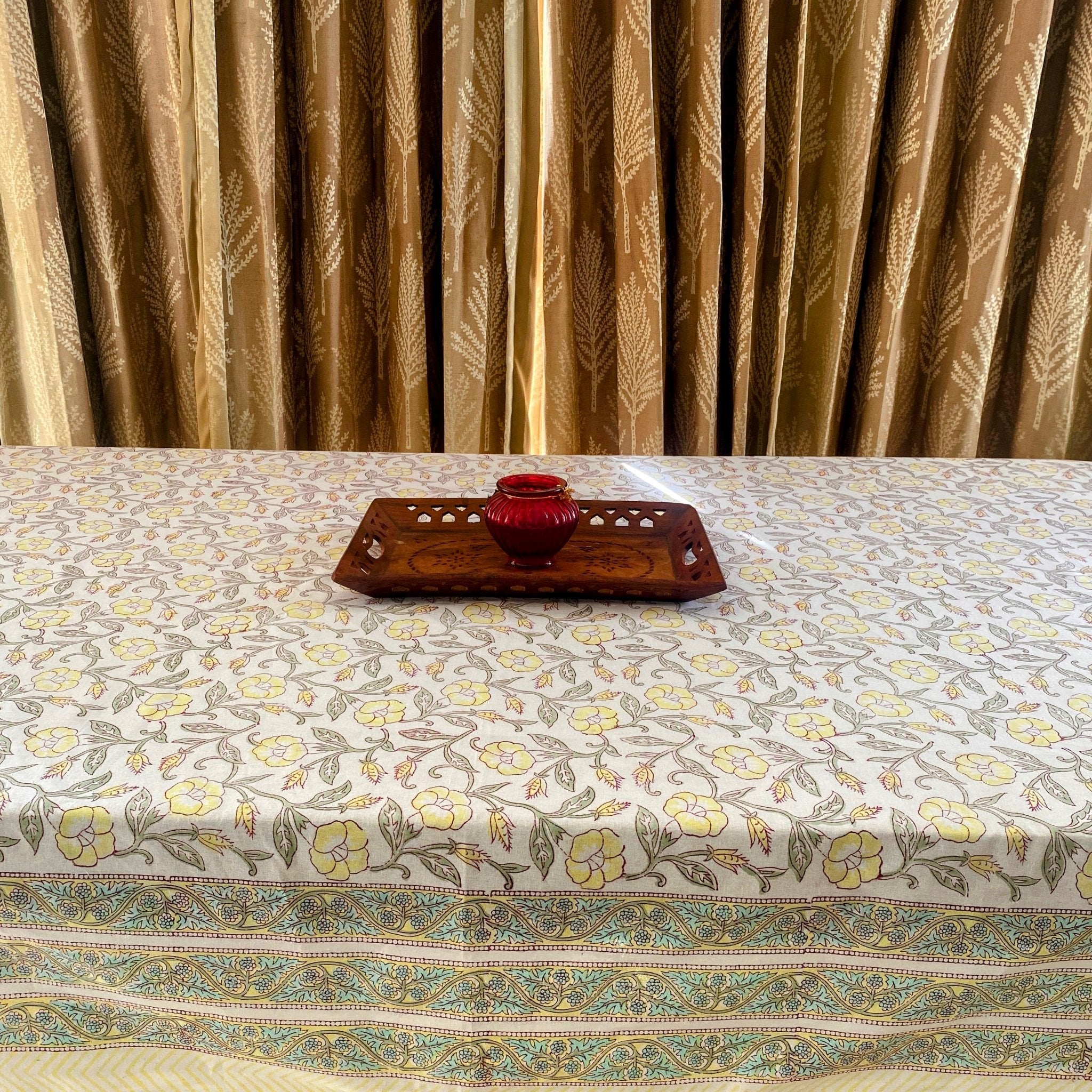 Gulanchi 6 Seater Dining Table Cover, 100% Cotton, 60" x 90" - Coral Slub - 