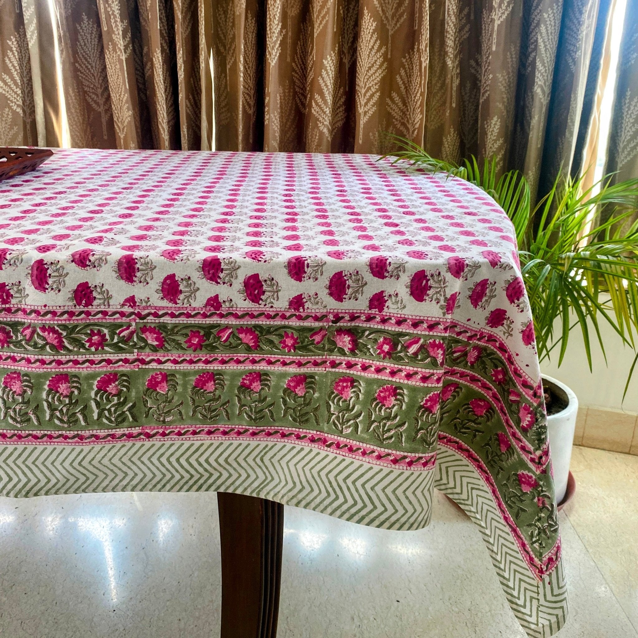 Gulmohar 6 Seater Dining Table Cover, 100% Cotton, 60" x 90" - Coral Slub - 