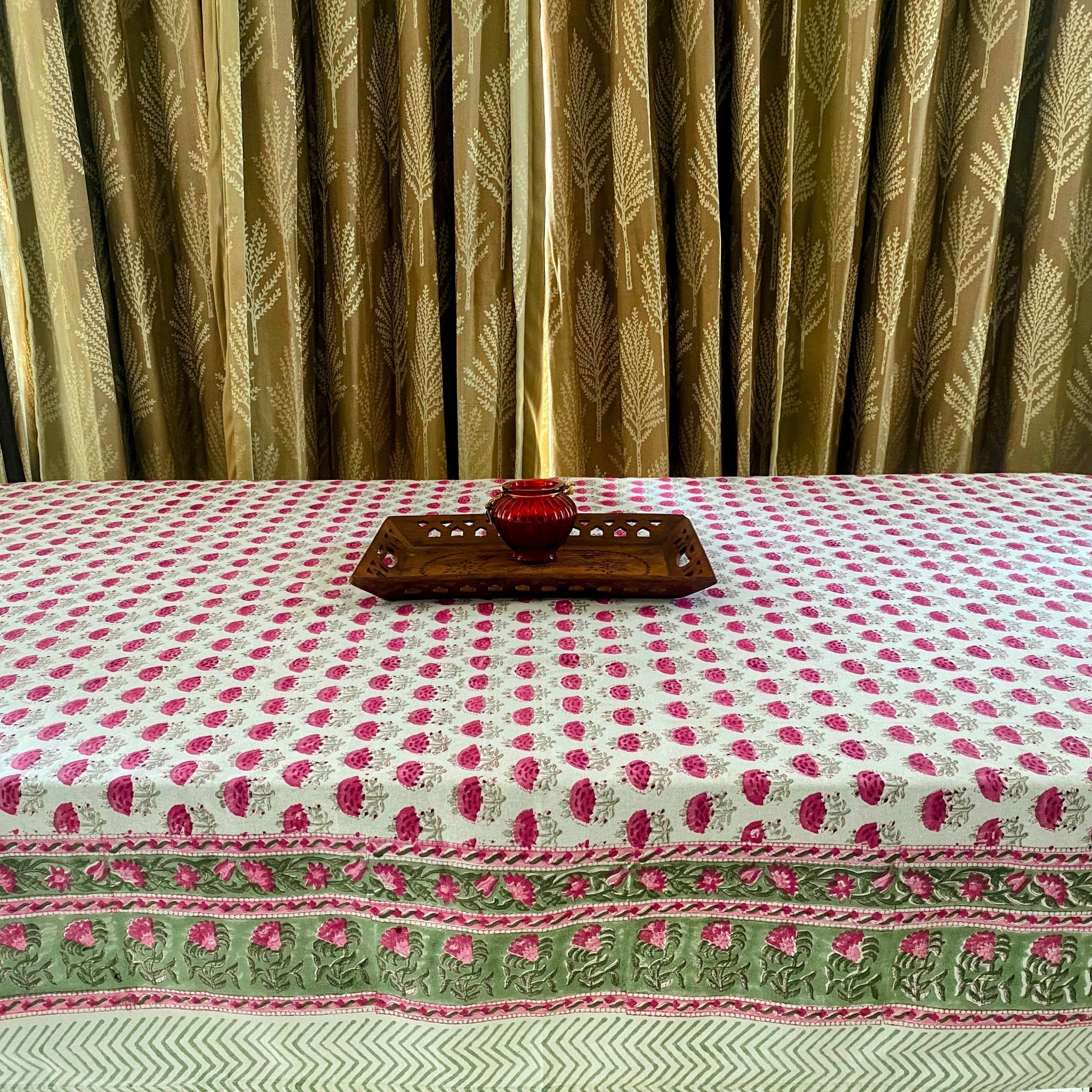 Gulmohar 6 Seater Dining Table Cover, 100% Cotton, 60" x 90" - Coral Slub - 