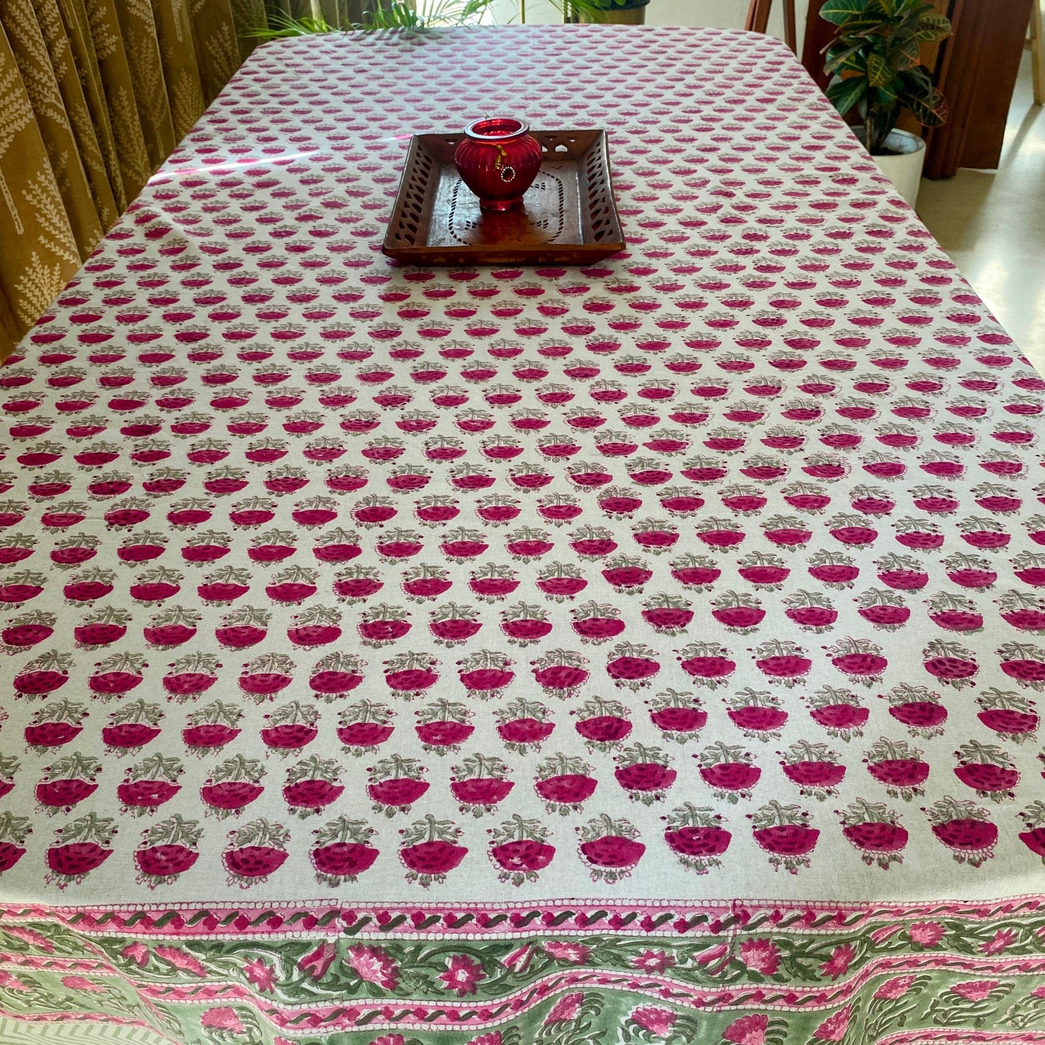Gulmohar 6 Seater Dining Table Cover, 100% Cotton, 60" x 90" - Coral Slub - 