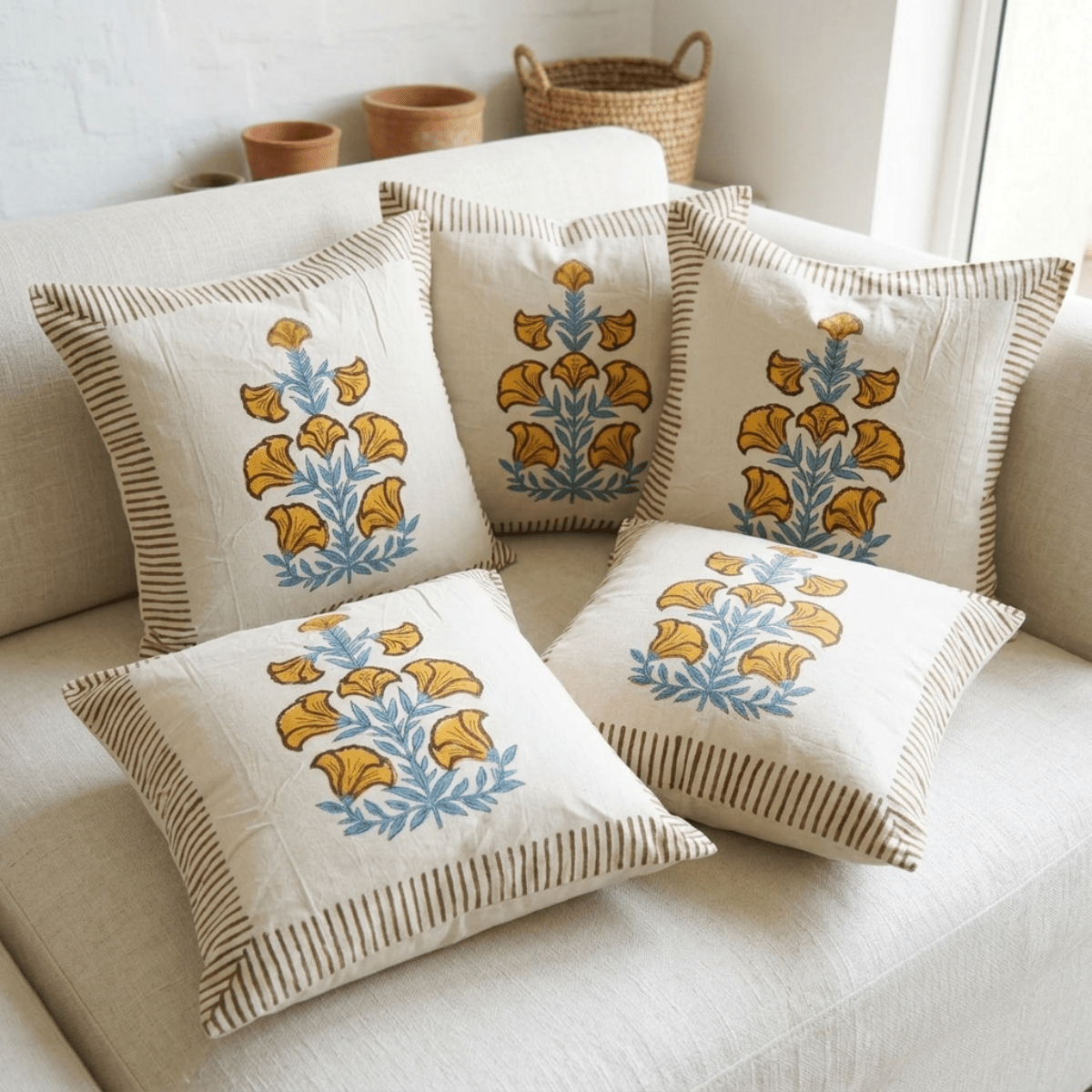 Gulrez Printed Cushion Covers, Pack of 5 - Coral Slub -