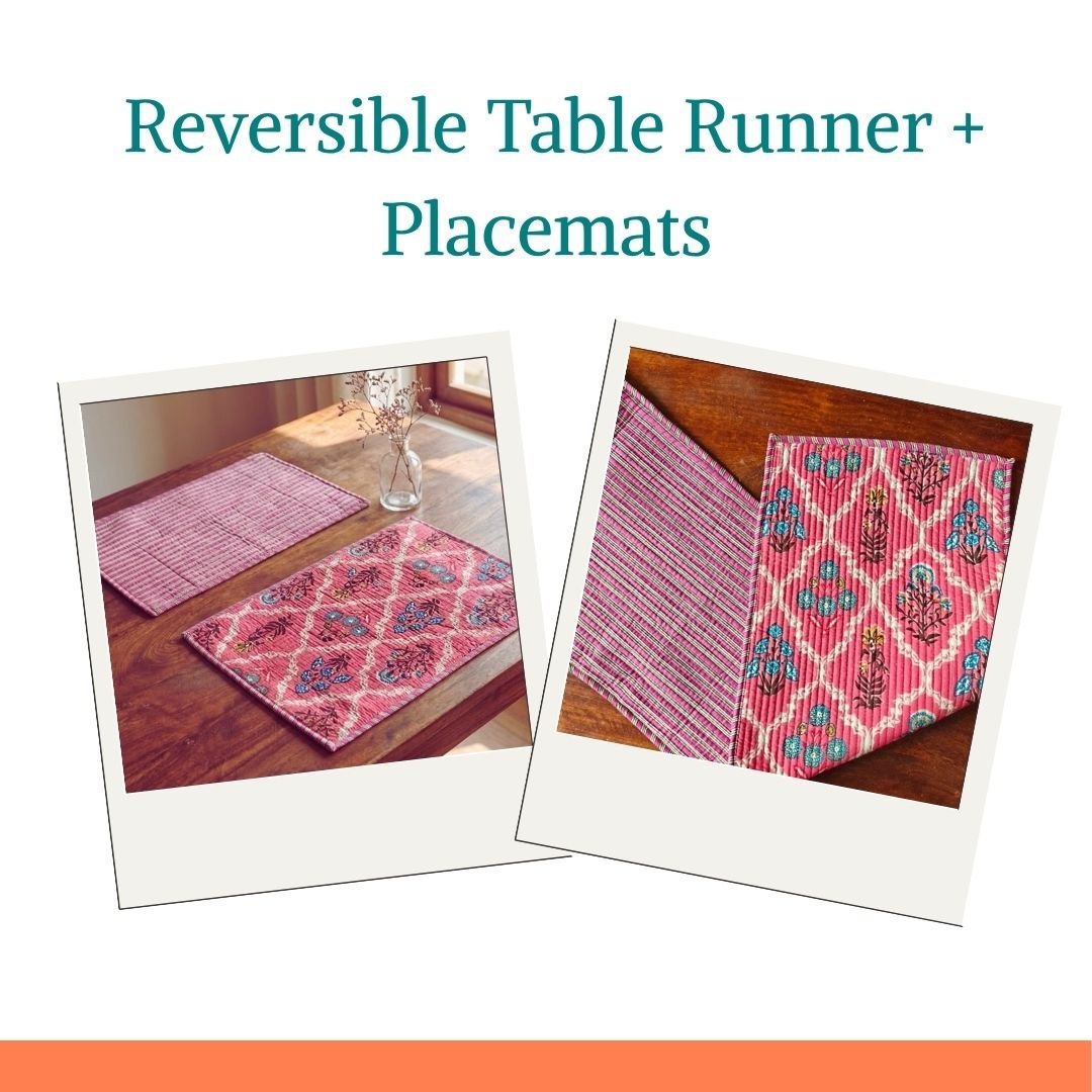 Hastika Dining Combo – Reversible Table Runner & 6 Quilted Placemats - Coral Slub -