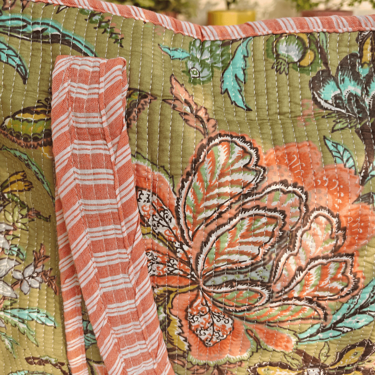 Heer Block Print Tote Bag - Coral Slub - 