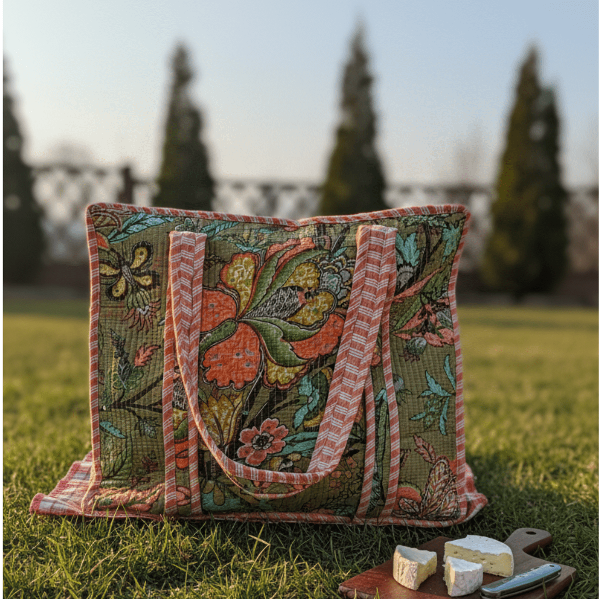 Heer Block Print Tote Bag - Coral Slub - 