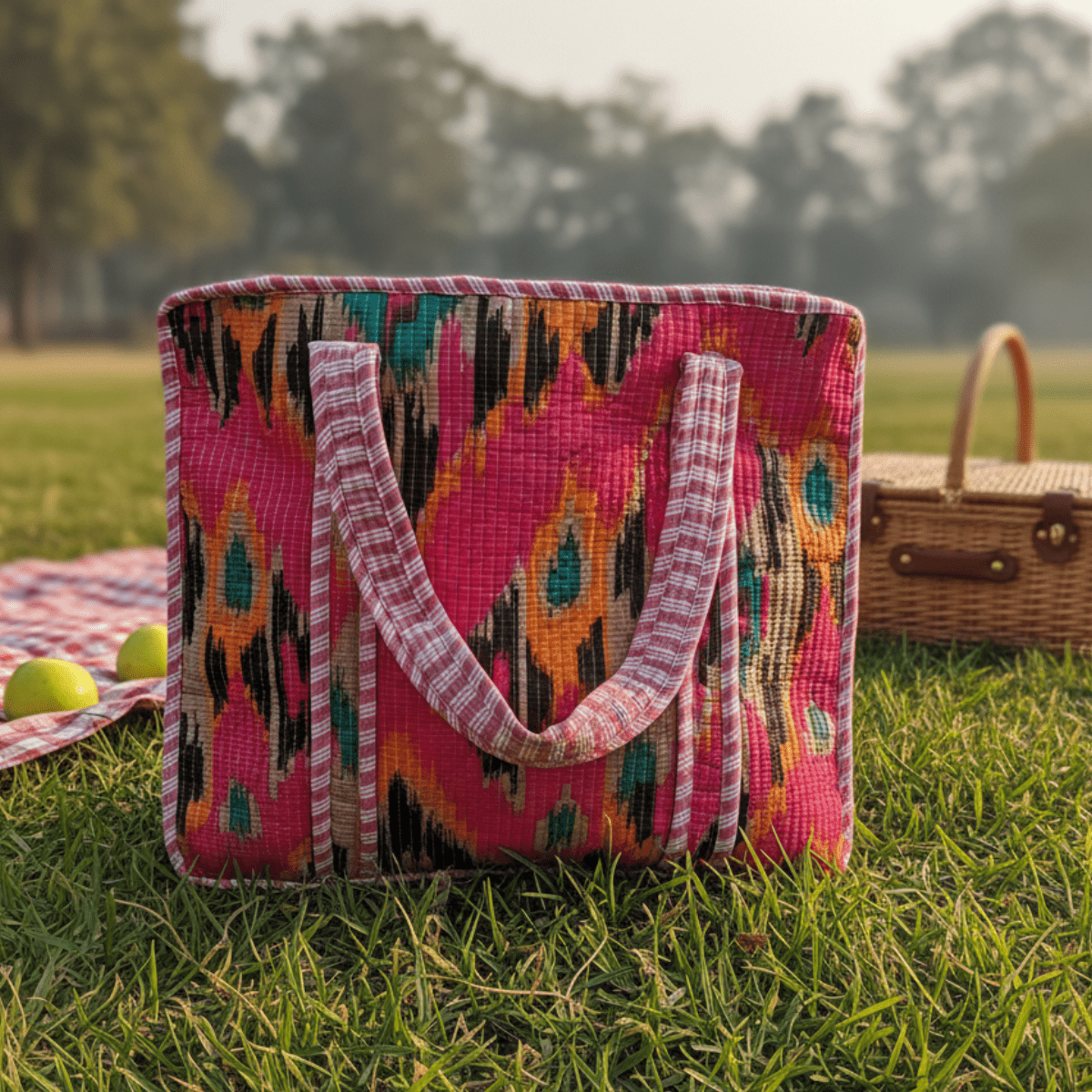 Ikat Block Print Tote Bag - Coral Slub - 