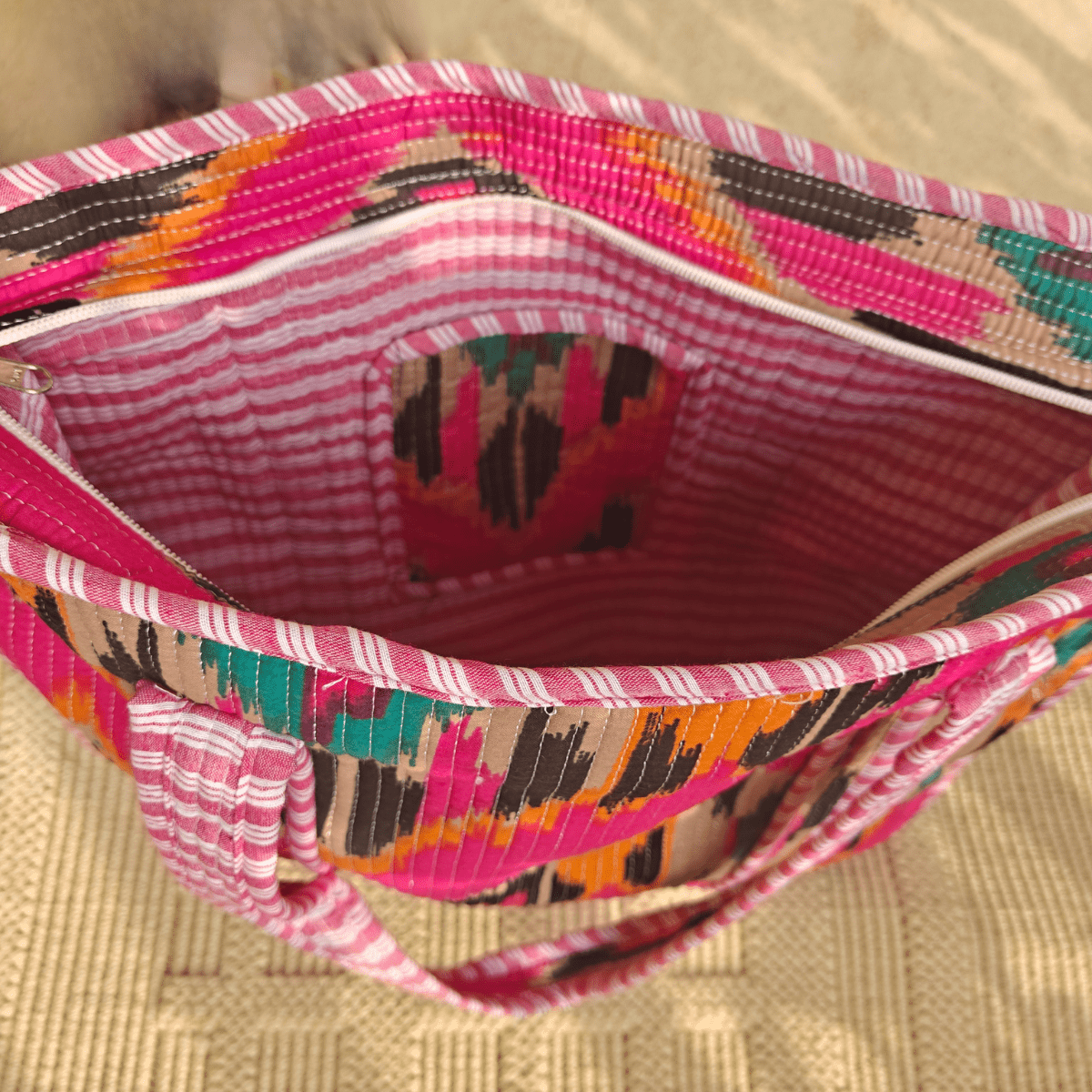 Ikat Block Print Tote Bag - Coral Slub - 