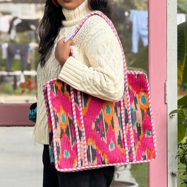 Ikat Print Tote Bag - Coral Slub - 