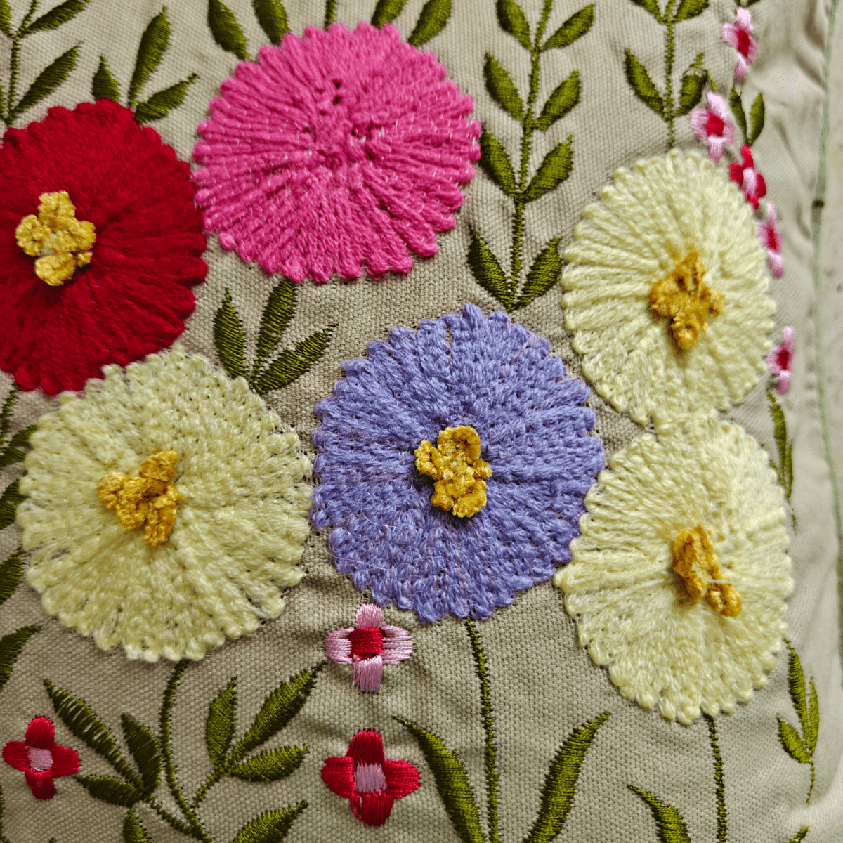 Inaya Embroidered Cushion Cover, 16" x 16", Beige, Pack of 1 - Coral Slub - 