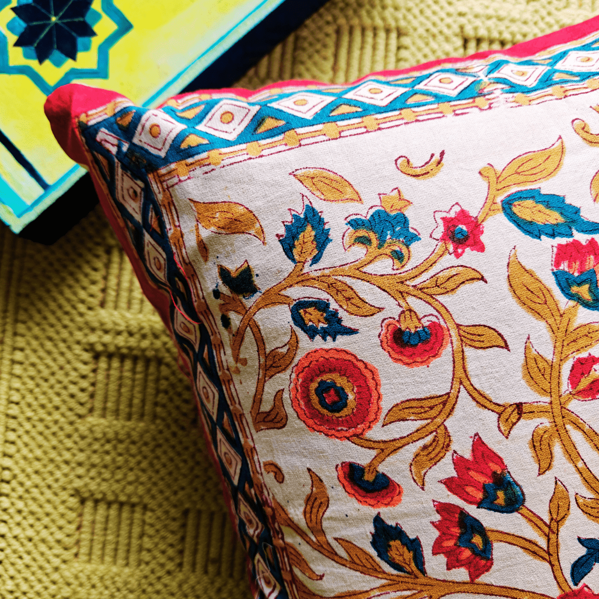 Iraani Hand Block Printed Cushion Covers, 16" x 16", Pack of 5 - Coral Slub - 