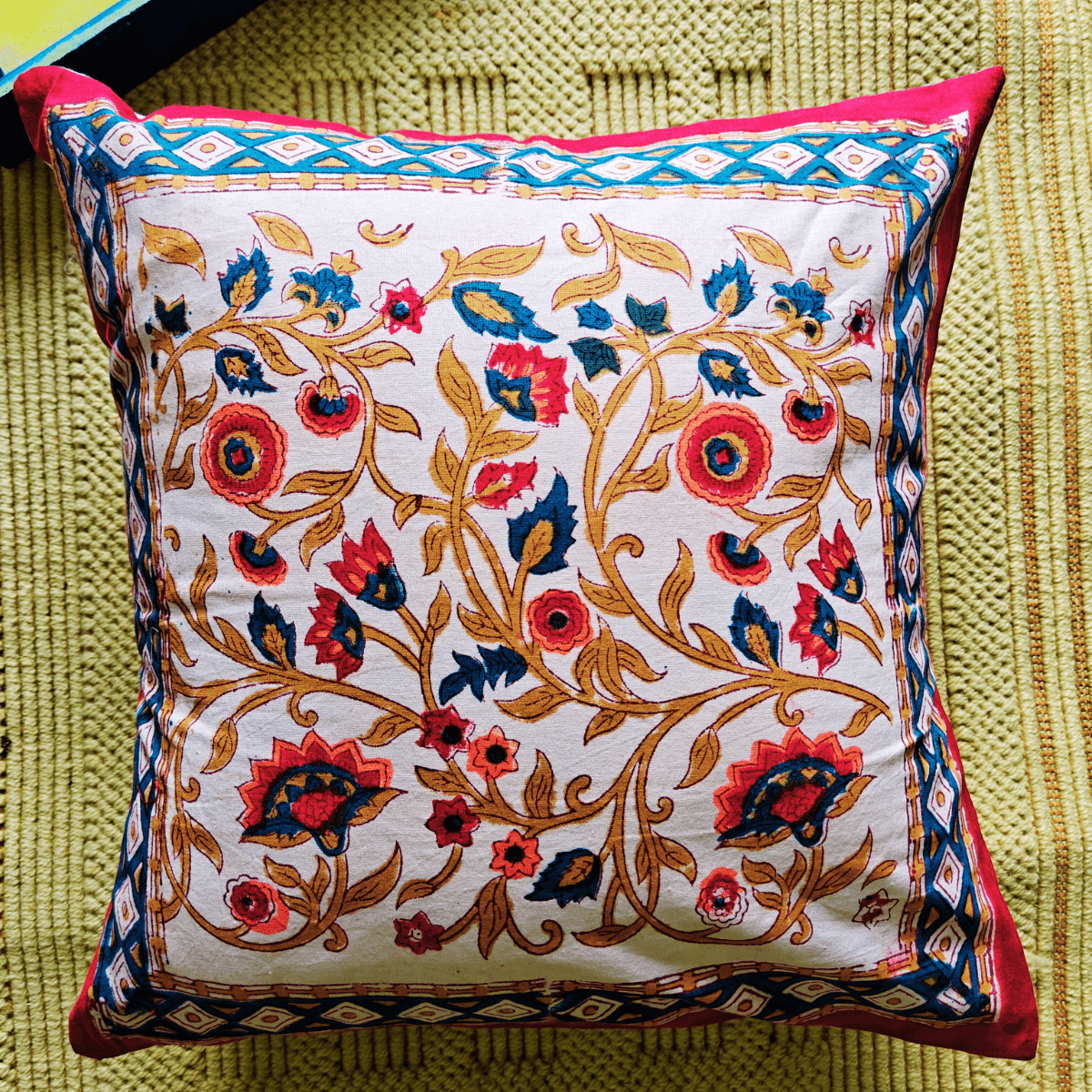Iraani Hand Block Printed Cushion Covers, 16" x 16", Pack of 5 - Coral Slub - 