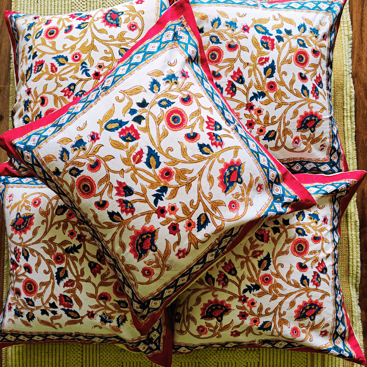 Iraani Hand Block Printed Cushion Covers, 16" x 16", Pack of 5 - Coral Slub - 