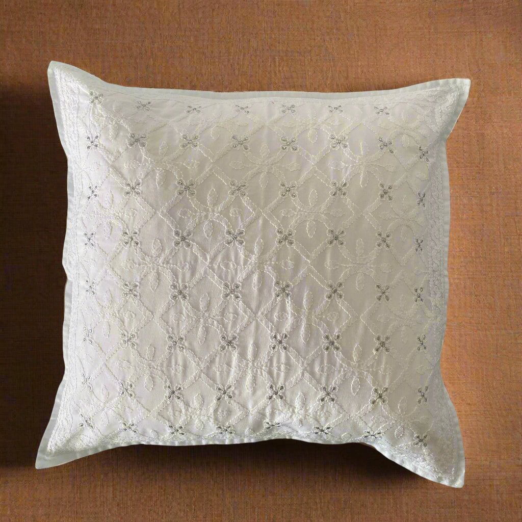 Jhalak White Chikankari Cushion Cover, 18" x 18", Pack of 1 - Coral Slub - 