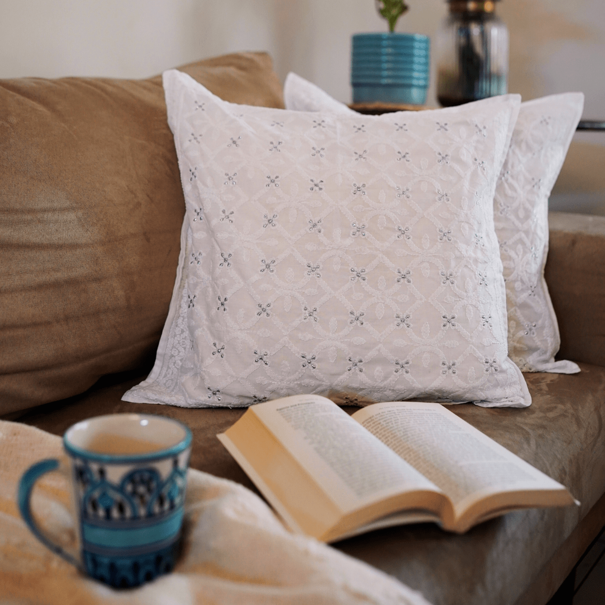 Jhalak White Chikankari Cushion Cover, 18" x 18", Pack of 1 - Coral Slub - 