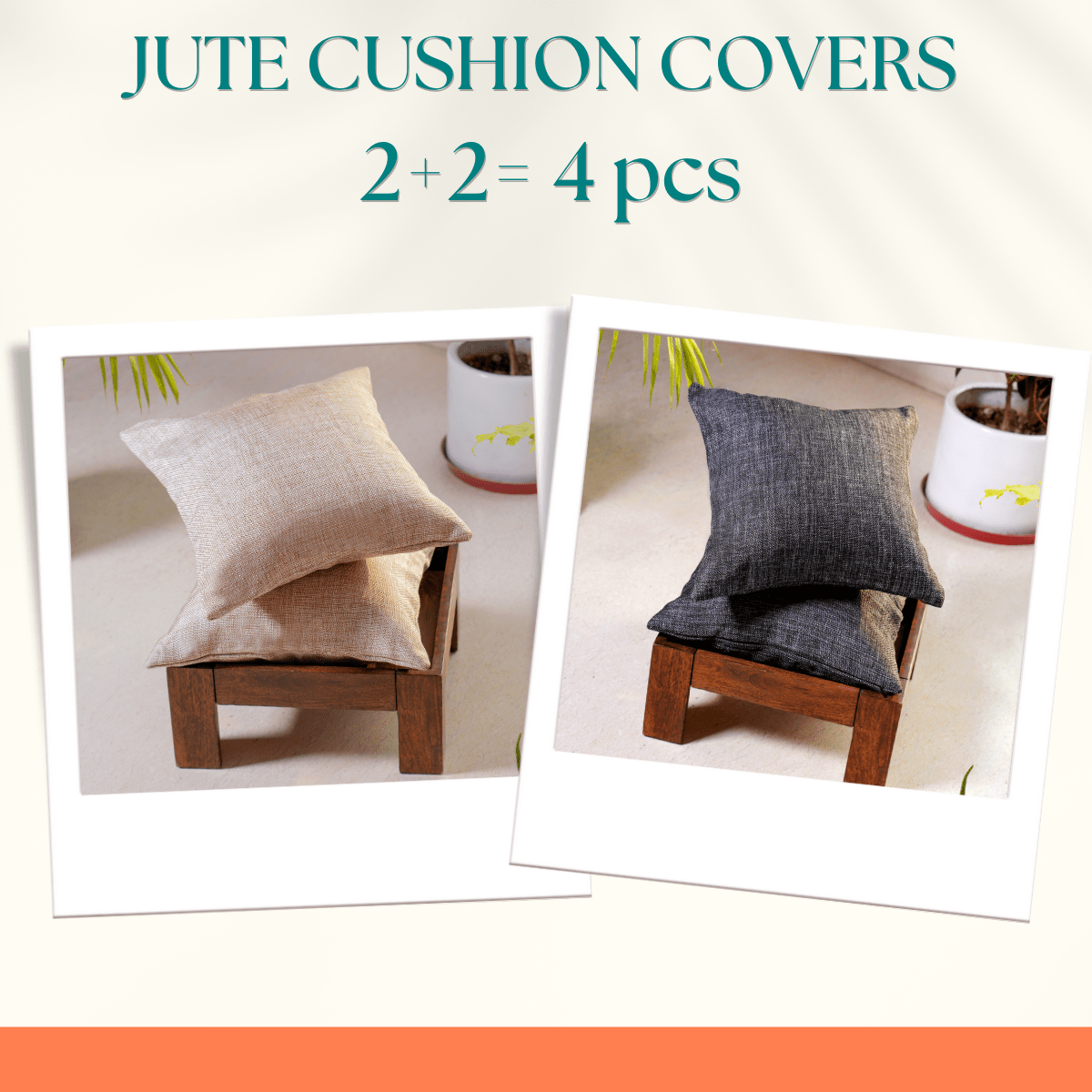Jute Cushion Covers, 16" x 16" – Beige and Charcoal (4 cushion covers) - Coral Slub - 