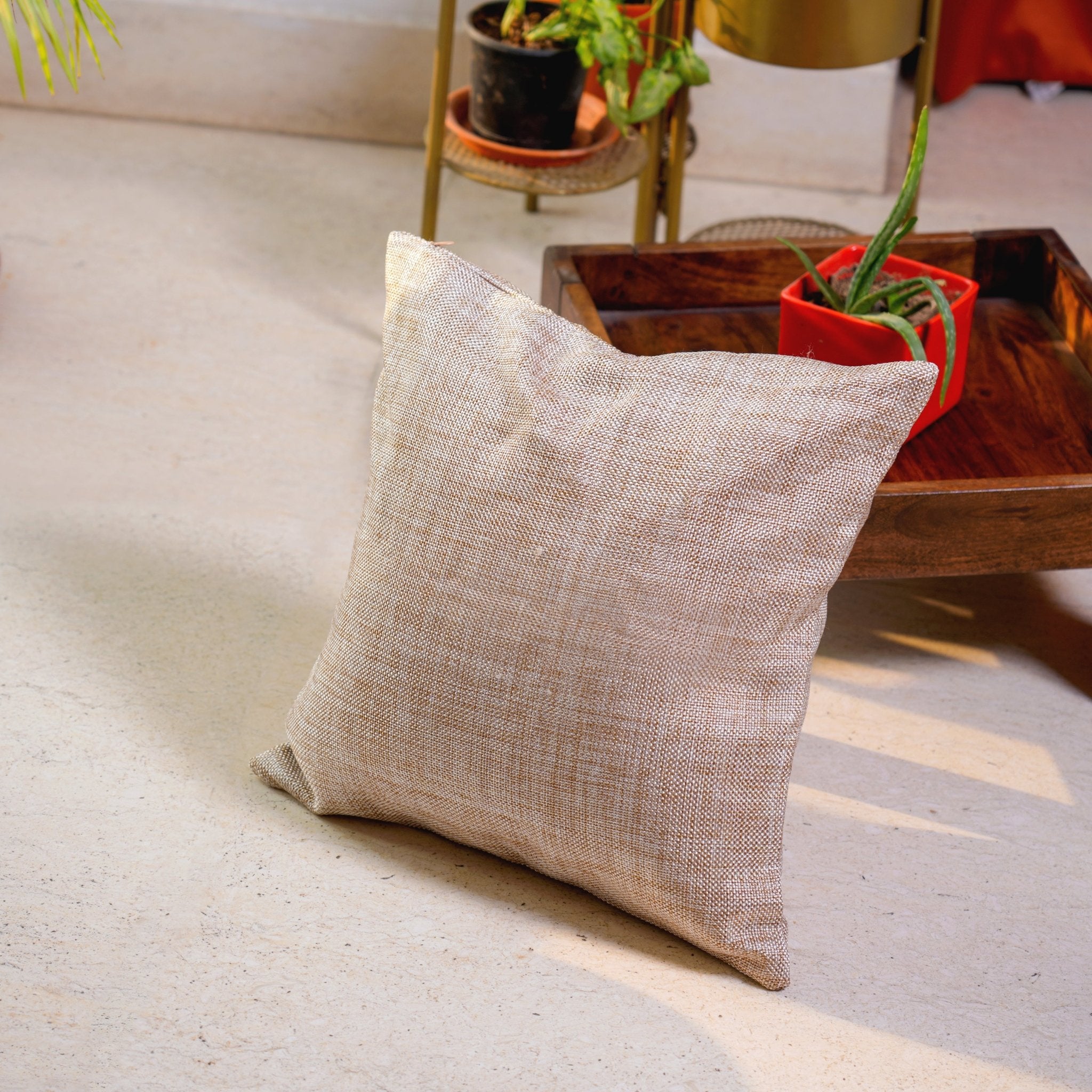 Jute Essence Beige Cushion Covers, Pack of 2, 16" x 16" - Coral Slub - 