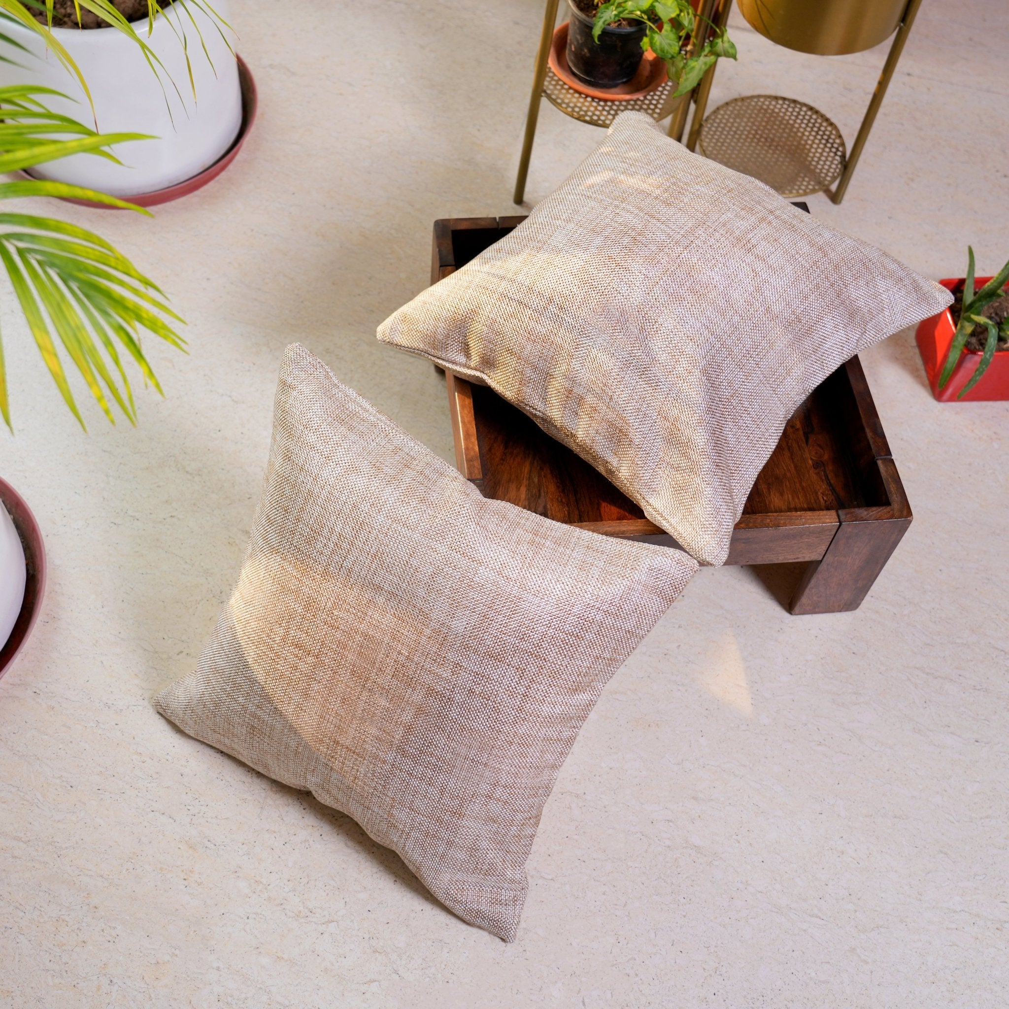 Jute Essence Beige Cushion Covers, Pack of 2, 16" x 16" - Coral Slub - 