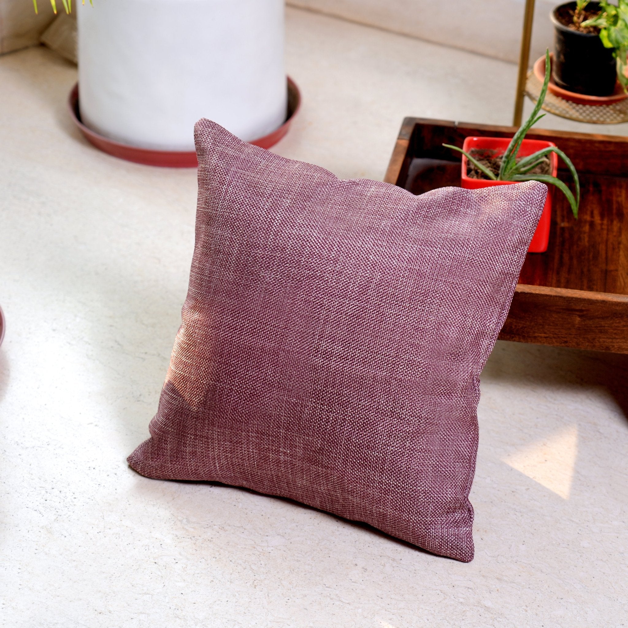 Jute Essence Dark Mauve Cushion Covers, Pack of 2, 16" x 16" - Coral Slub - 