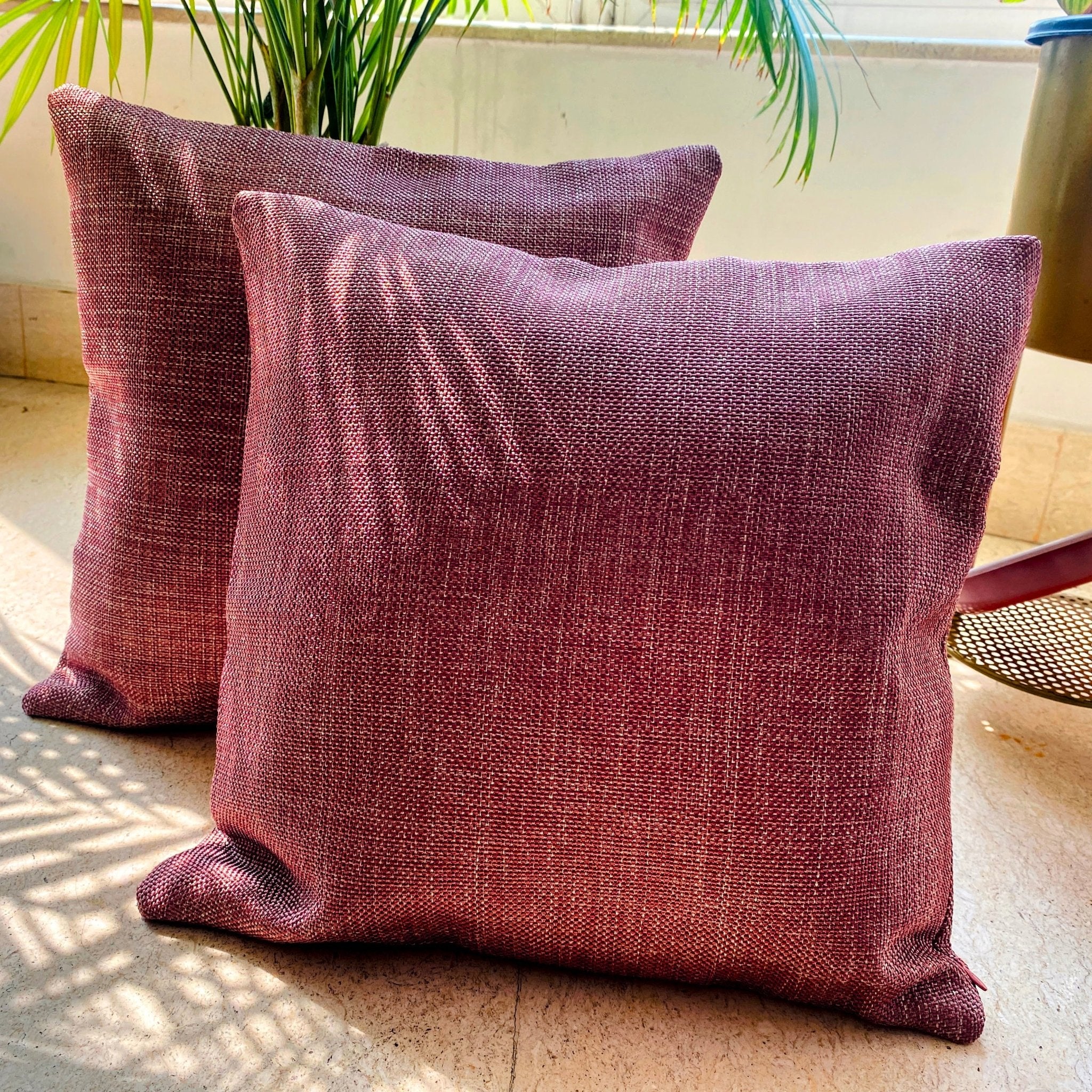 Jute Essence Dark Mauve Cushion Covers, Pack of 2, 16" x 16" - Coral Slub - 