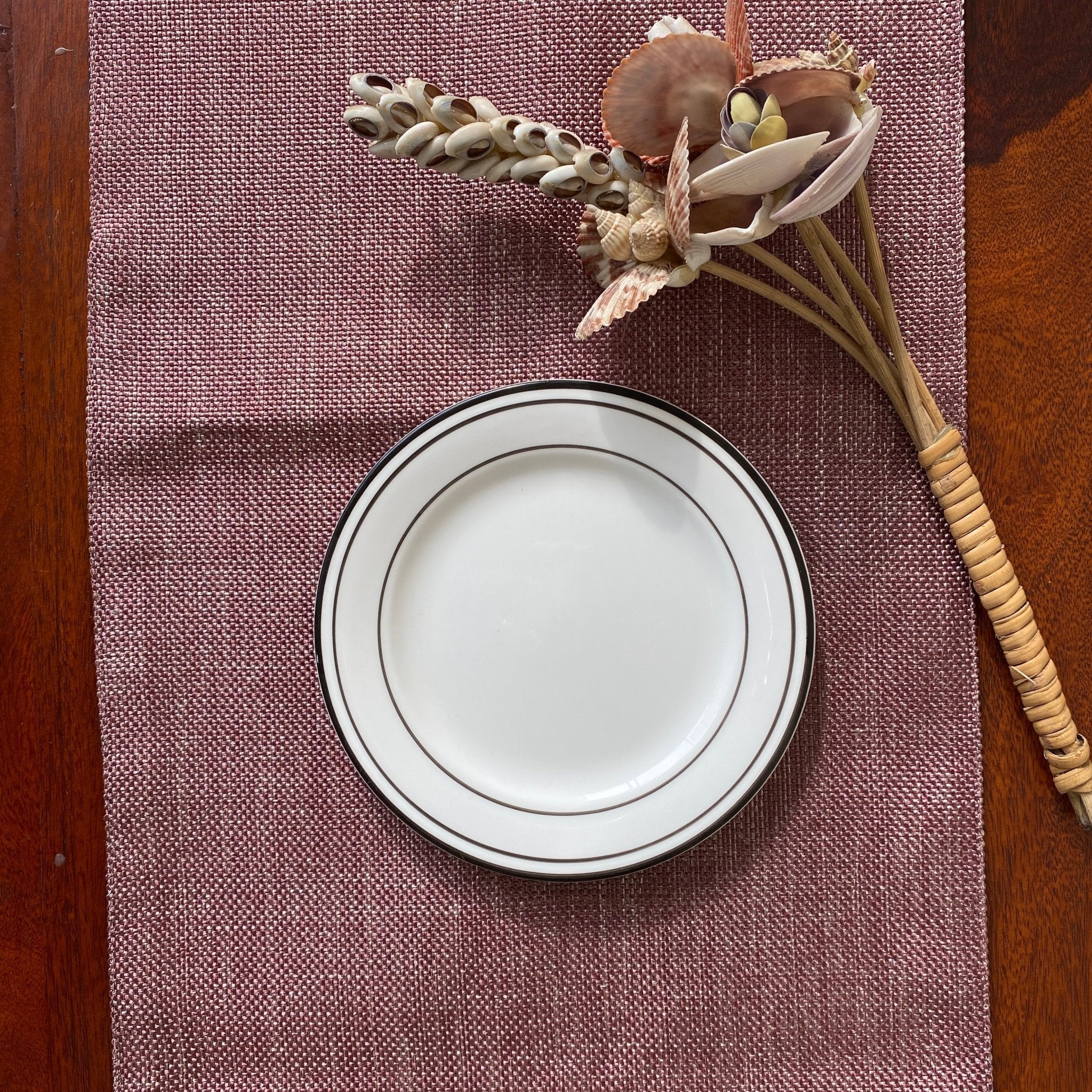 Jute Essence Dark Mauve Table Runner 13" x 72", Elegant Black Taffeta Lining - Coral Slub - 