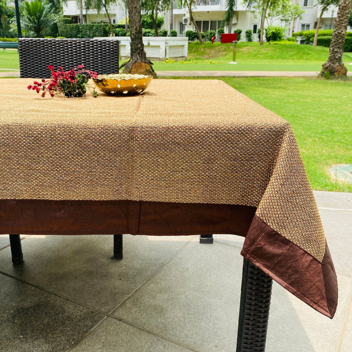 Jute Lux Bronze Six Seater Dining Table Cover, 60" X 90" - Coral Slub - 