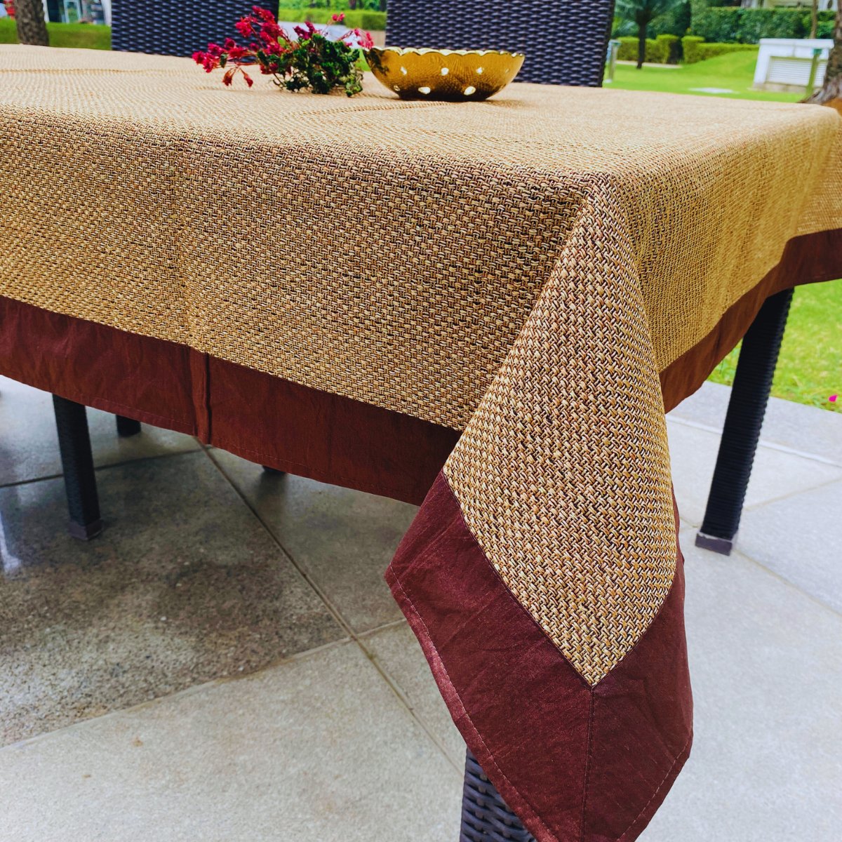 Jute Lux Bronze Six Seater Dining Table Cover, 60" X 90" - Coral Slub - 