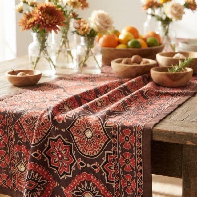 Kasumbi Ajrak Print Table Runner - Coral Slub -