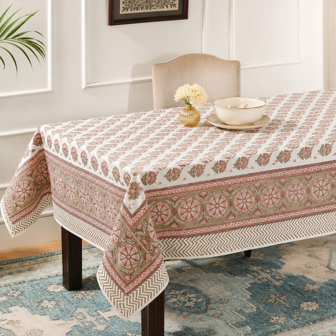 Kesar 6 Seater Dining Table Cover, 100% Cotton, 60" x 90" - Coral Slub -