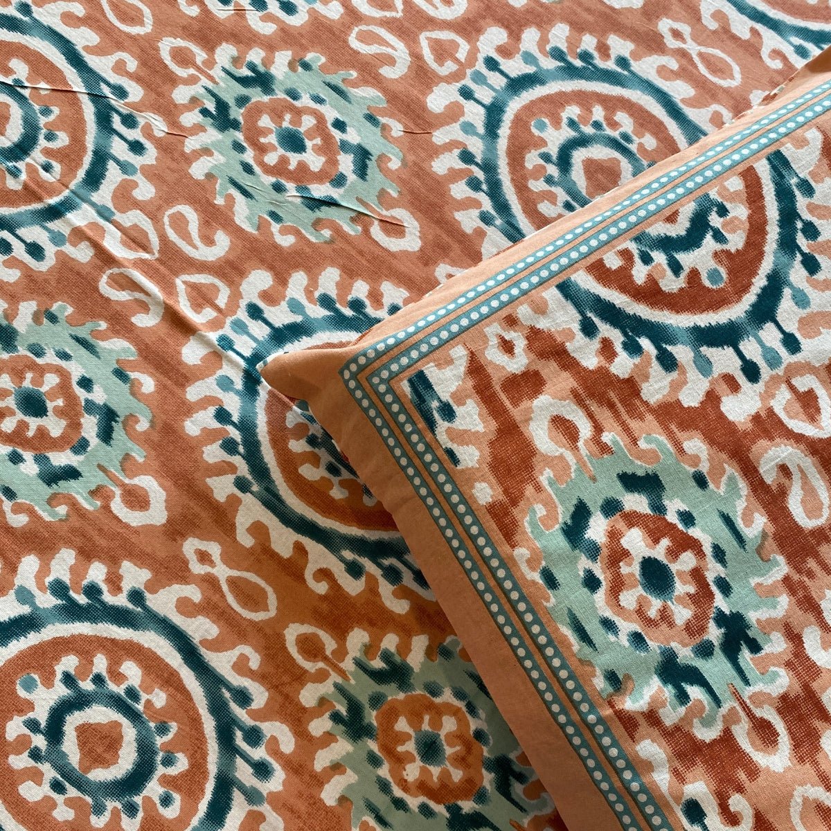 Kesar Ikat Print Bedsheet Set, King Size, 100" x 108" - Coral Slub - 