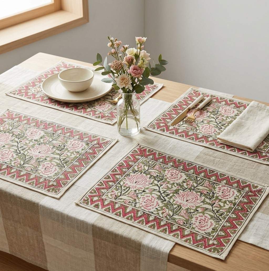 Ketaki Block Print Placemats - Coral Slub -