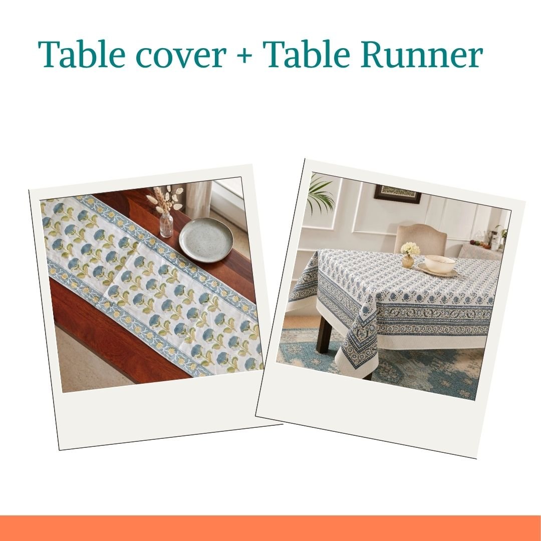 Kora & Anjeer Dining Combo – Hand Block Print Table Cover & Floral Table Runner - Coral Slub -