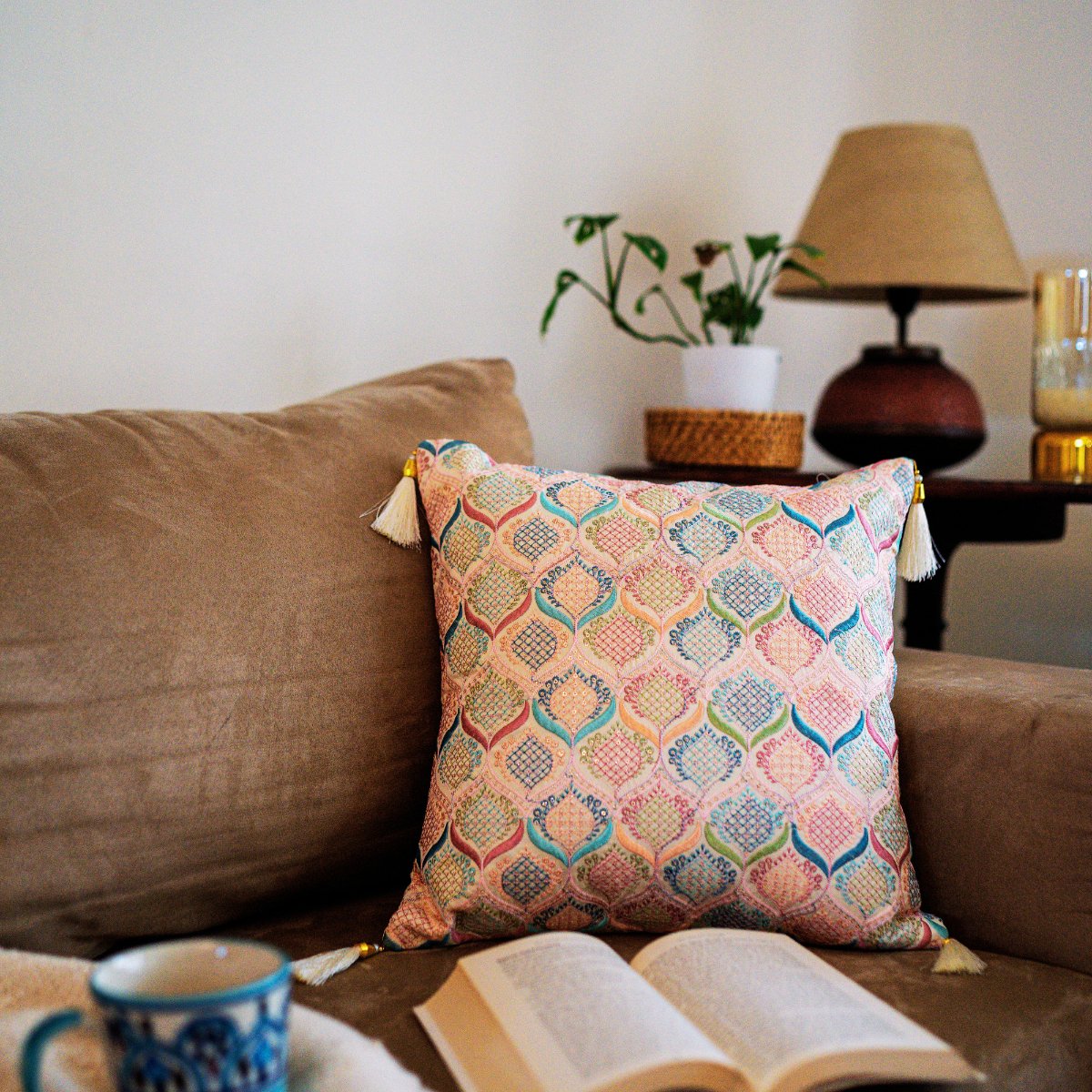 Kundan Offwhite Emboidered Cushion Cover, 16" x 16", Pack of 1 - Coral Slub - 