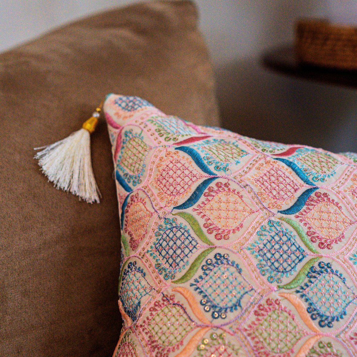 Kundan Offwhite Emboidered Cushion Cover, 16" x 16", Pack of 1 - Coral Slub - 