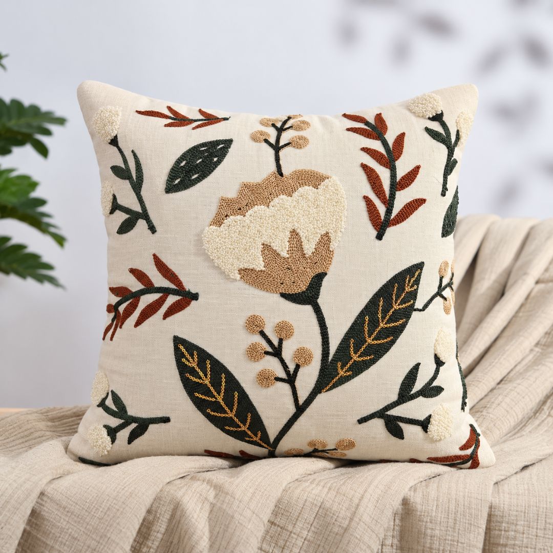 Leaf Embroidery Cushion Cover, 16" x 16", Pack of 1 - Coral Slub -