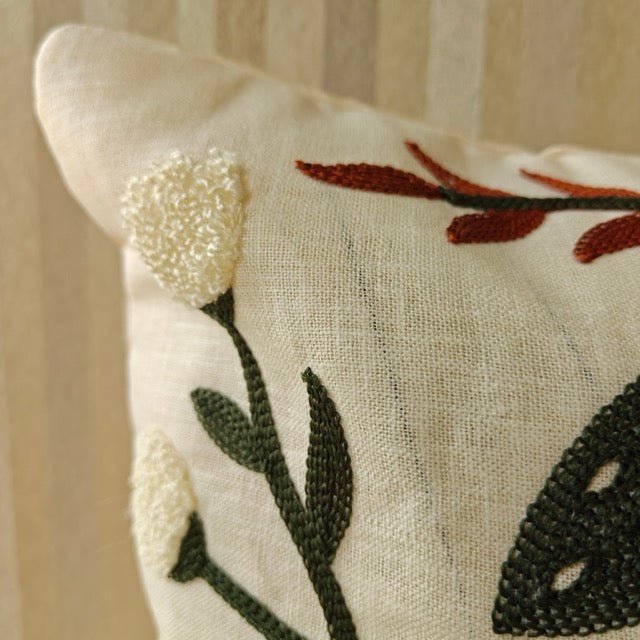 Leaf Embroidery Cushion Cover, 16" x 16", Pack of 1 - Coral Slub -