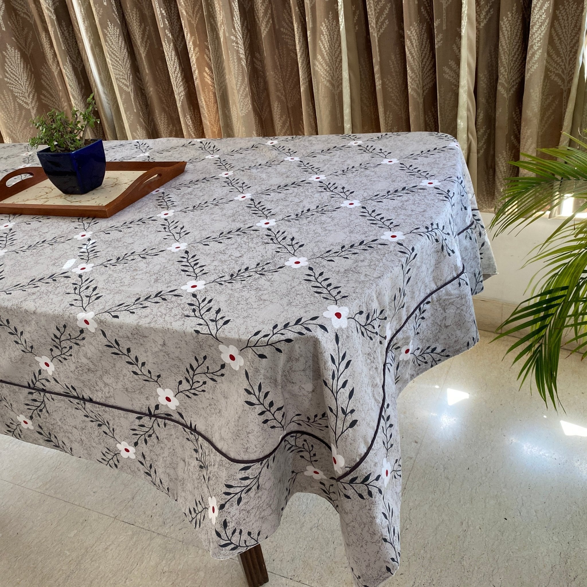 Leafy Bloom 6 Seater Dining Table Cover, 100% Cotton, 60" x 90" - Coral Slub - 